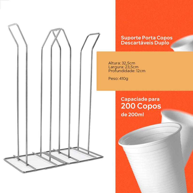 SUPORTE PORTA COPOS DESCARTÁVEIS DUPLO 200ml - CROMADO